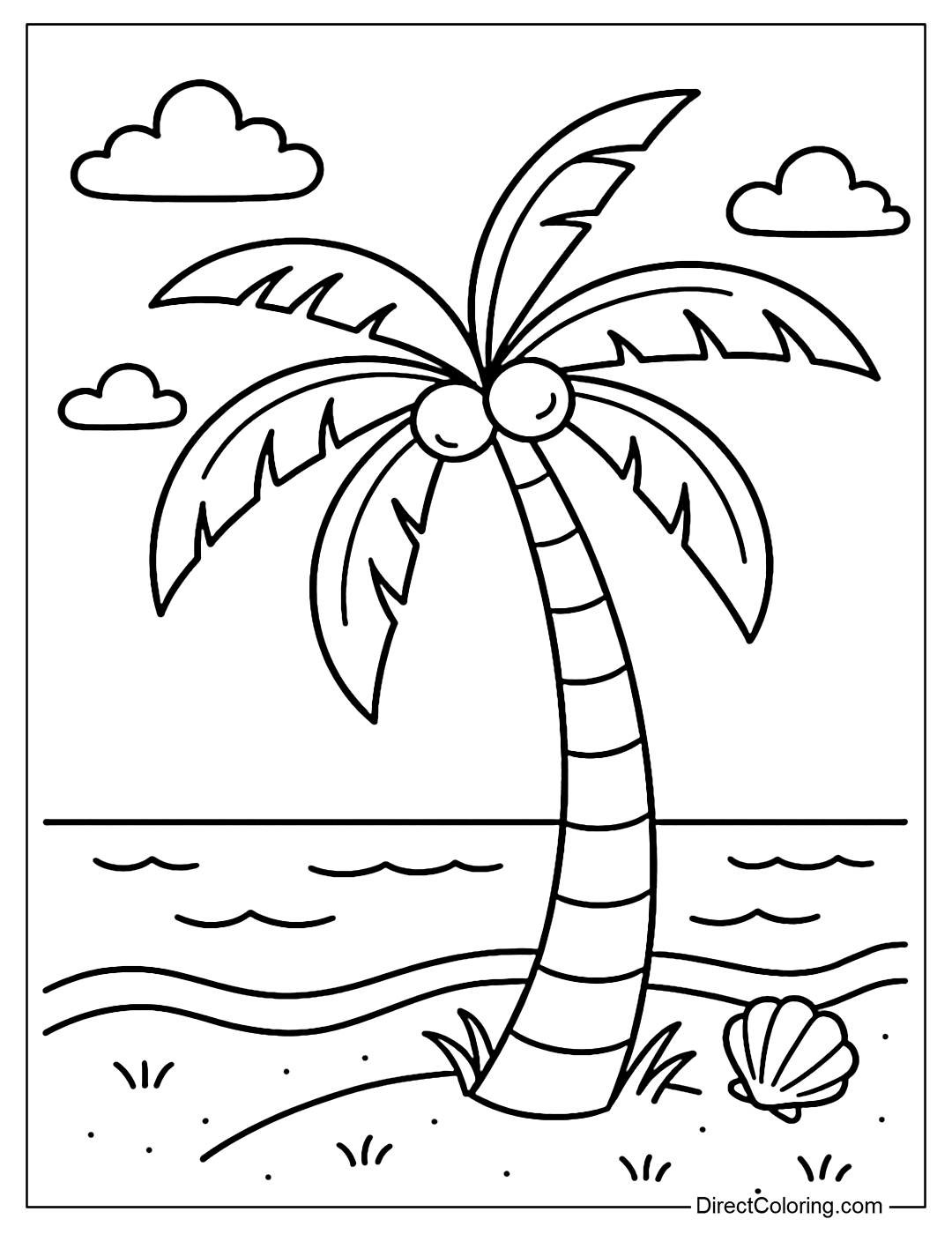 Coloring page of a curved coconut tree standing next to the beach, with small waves and seashells.